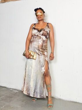 Satin Marble-Print Maxi Dress with High Slit, S-M